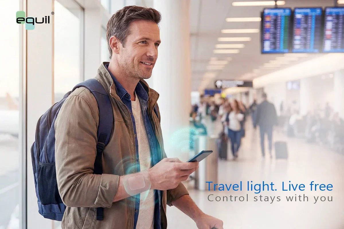 Happy traveler managing diabetes with a wireless wrist patch pump