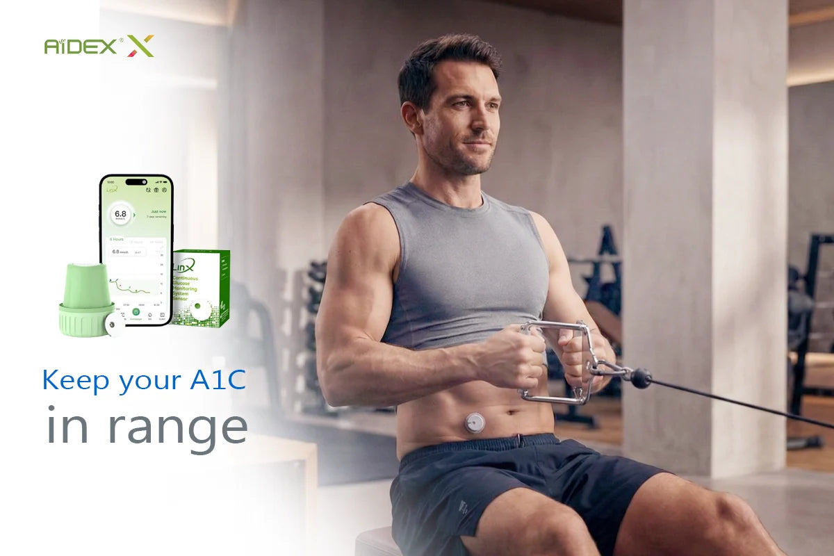 Male athlete tracking A1C with Aidex sensor during rowing workout.