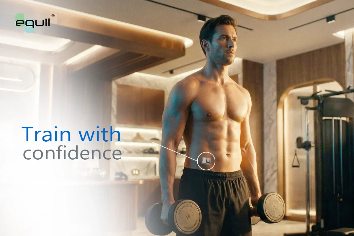 Muscular man weightlifting confidently using Equil abdominal glucose monitor.