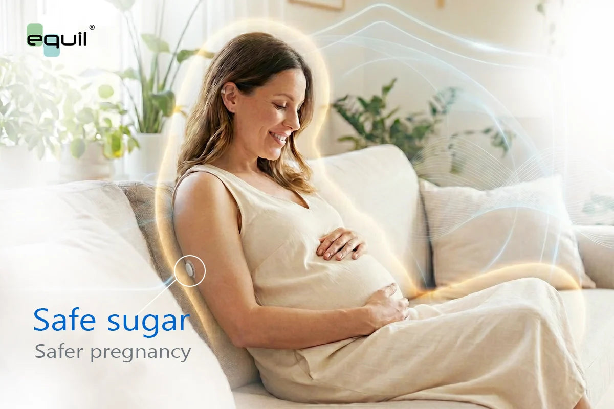 Pregnant woman ensuring safety with Equil continuous glucose arm sensor