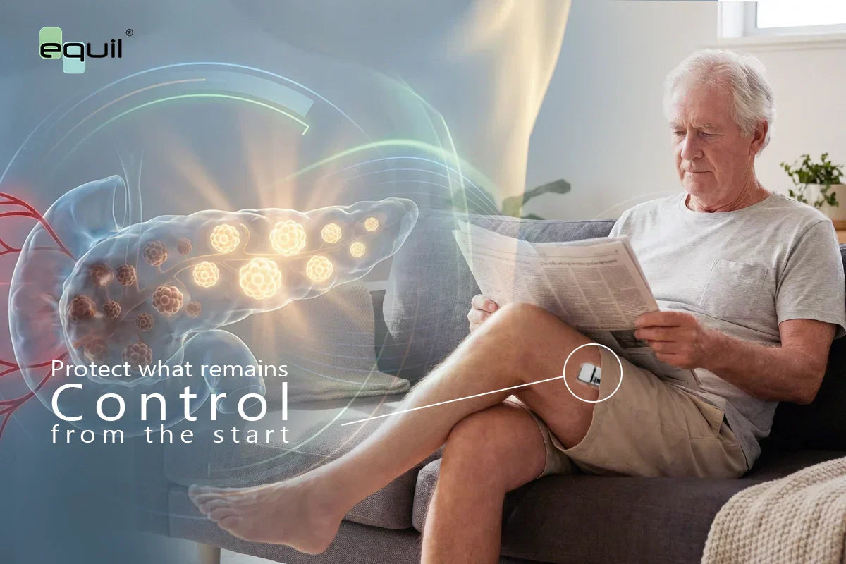 Senior relaxing at home with pancreas-protecting insulin pump
