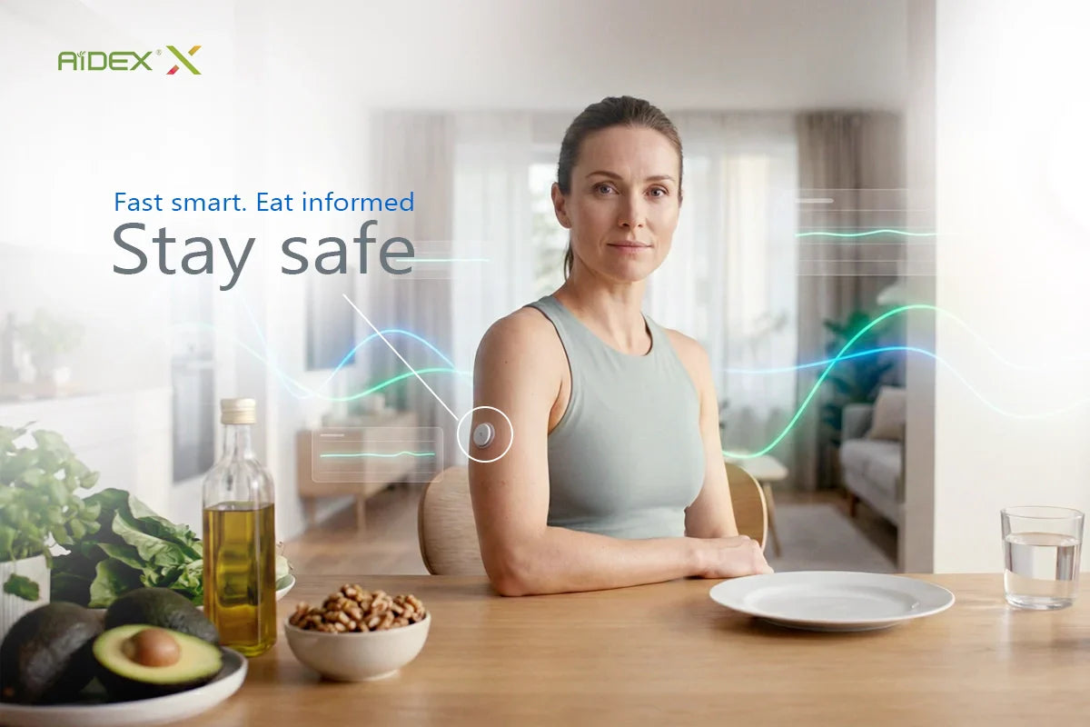 Woman monitoring glucose while eating healthy with Aidex arm sensor.