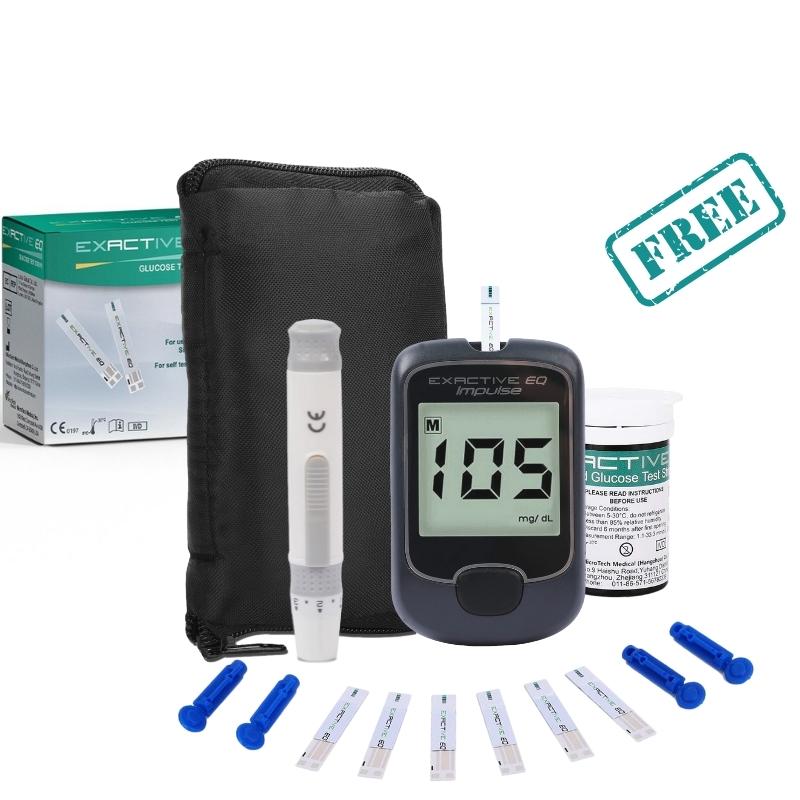 Exactive EQ blood glucose Meter startup kit buy 2 strips package get free meter and one lancing device in a soft package 
